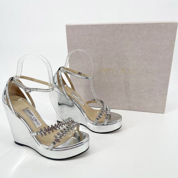 Jimmy Choo Silver Metallic Bing 120 Crystal Embellished Wedge Sandal size IT 37 - Picture 1 of 15
